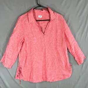 Sigrid Olsen 100% Linen Tunic Shirt Women's Med Coral Vneck Side Ties Pullover